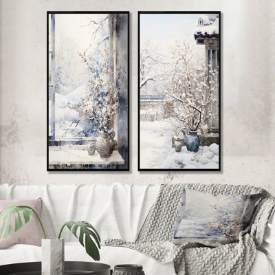 Floral Snow Window View In Winter II - Landscape Cottage Wall Decor Set Of 2