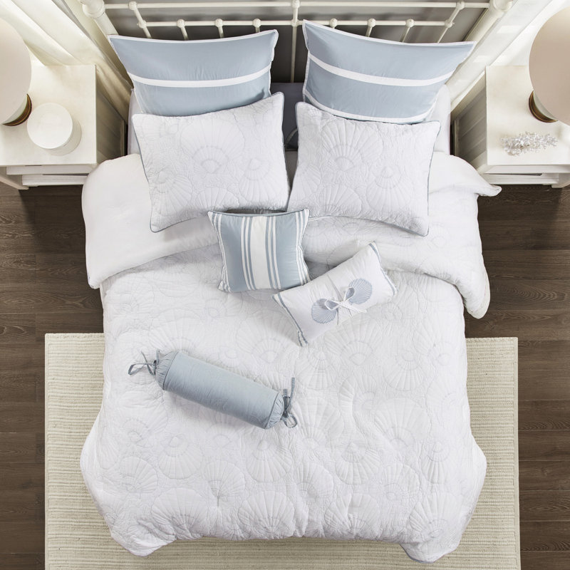 Édredon blanc grand, 100% coton avec coquillage bleu, élégant et comprend un édredon, une jupe de lit et 2 taies décoratives pour le lit