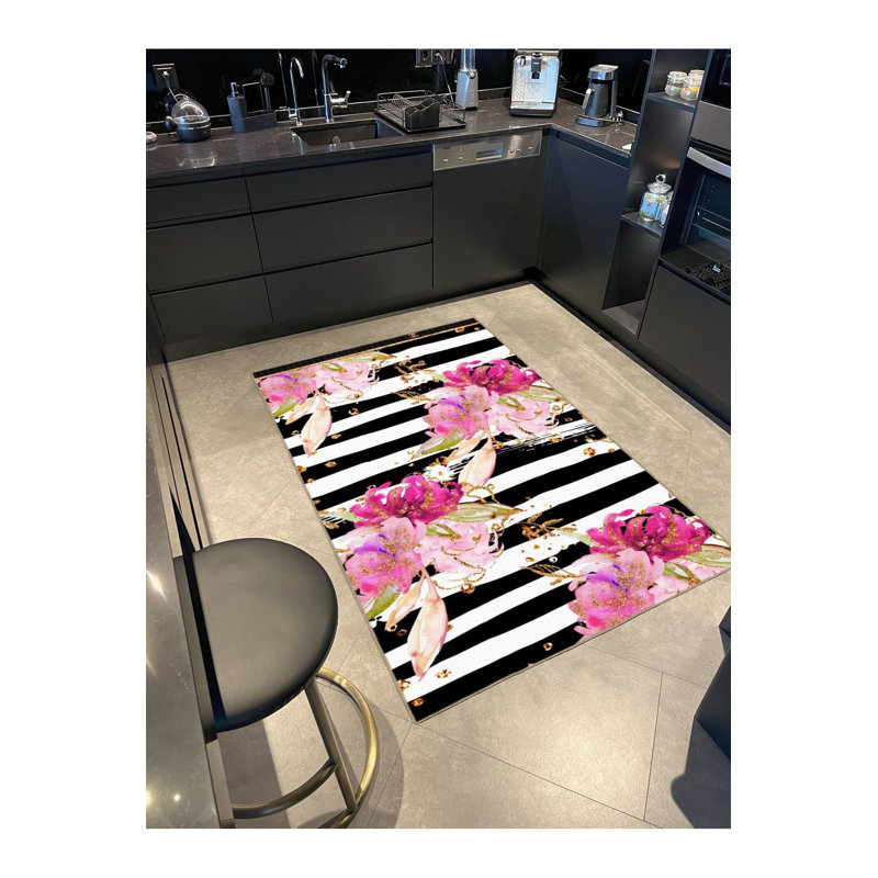 Tapis rose lavable à la machine à motif floral de couleur rose, Tapis de couloir 3 pi 3 po x 9 pi 10 po