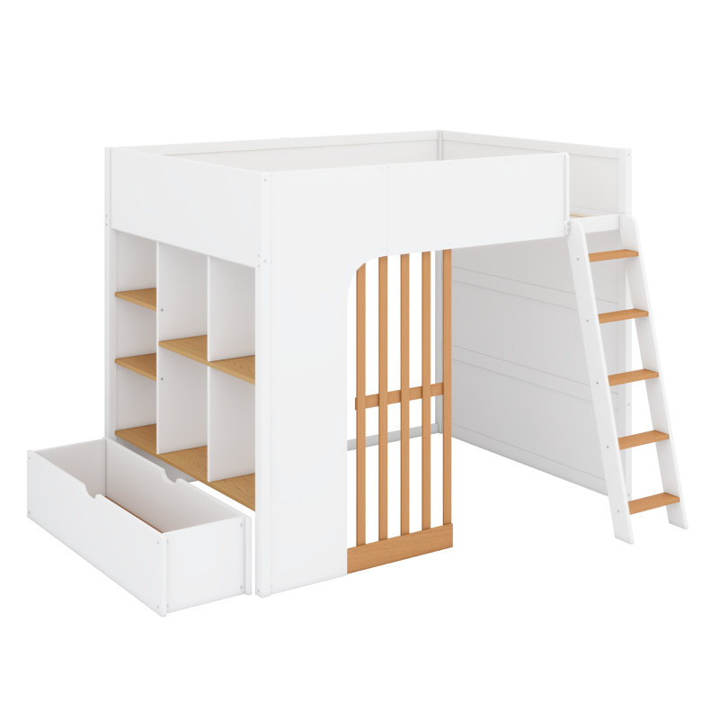 Lit mezzanine en bois avec échelle et tablettes de rangement intégrées, Blanc + chêne naturel