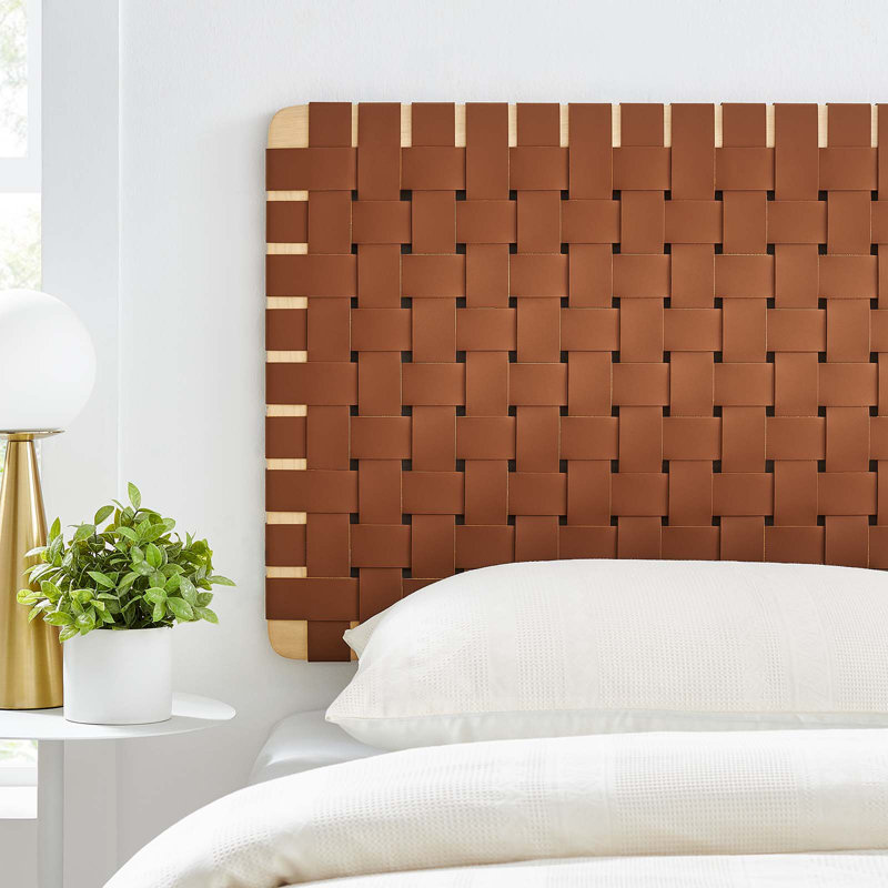 Natural Brown Twin Wood and Vegan Leather Woven Headboard