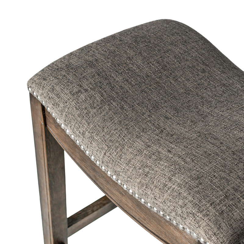 Maven Lane Adrien Backless Saddle Kitchen Stool with Fabric Upholstery, Gray Fabric / Walnut, Counter Stool (26" Seat Height)