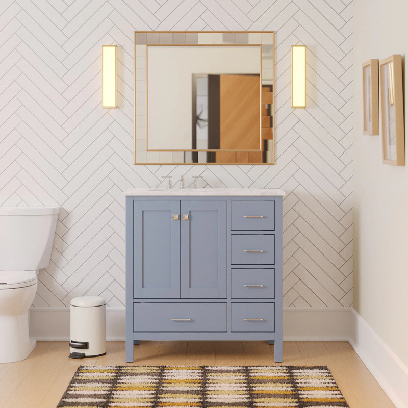 Ensemble de meuble-lavabo simple 36 po Claudett, Bleu poudre, Carrara d'ingénierie