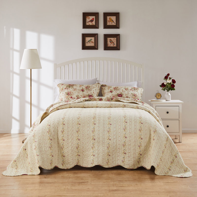 Antique Rose Cotton Reversible Quilt Set, Twin/Twin XL Quilt + 1 Sham, Ecru