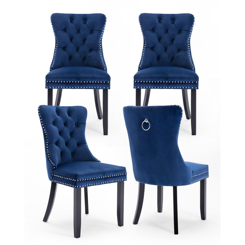 Dining Chairs, Upholstered High-end Tufted Dining Room Chair with Nailhead Back Ring, Black, Navy Blue Velvet, 4