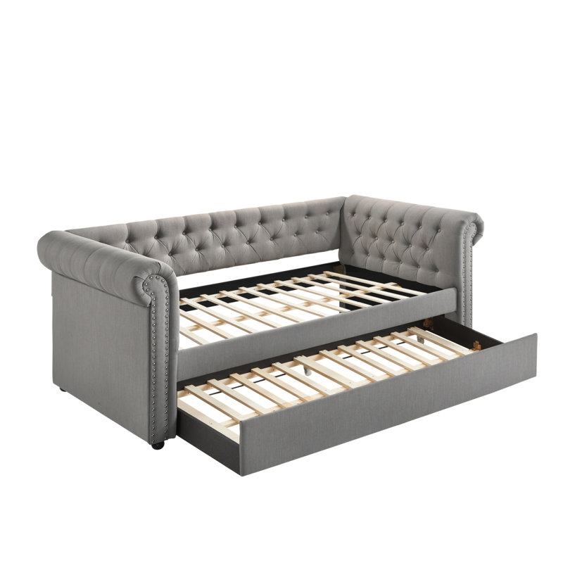Luxurious 1Pc Modern Aesthetic Beautifully Button Tufted Nailhead Trim Design Daybed Built-In Pull-Out Trundle Bed Living Space Guest Room Bedroom
