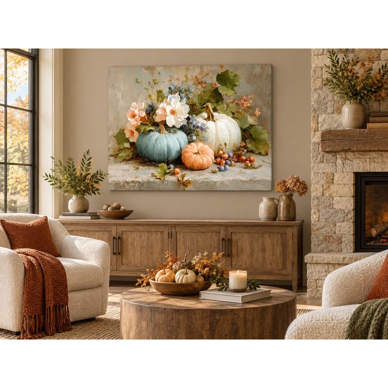 Automne citrouilles et fleurs sur toile tendue, H 36 po x l 48 po
