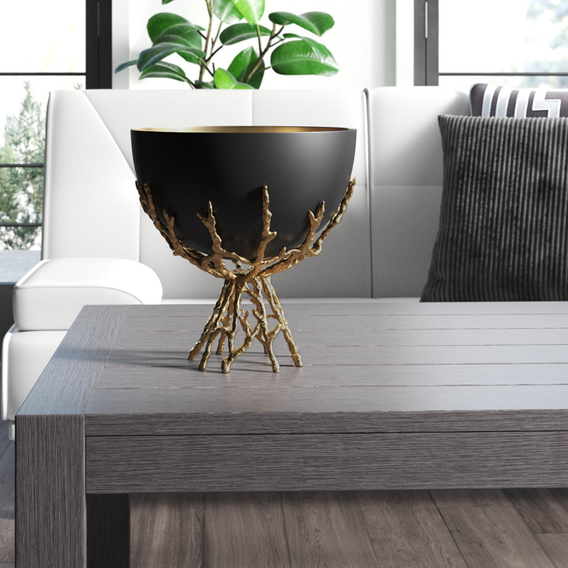 Bol décoratif en métal Lambertson, Or/noir, H 9,8 po x l 11 po x P 11 po