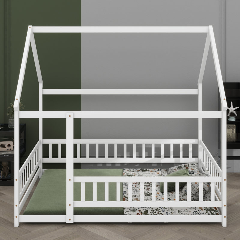 House Floor Bed with Roof Frame and Safety Guardrails, Blanc