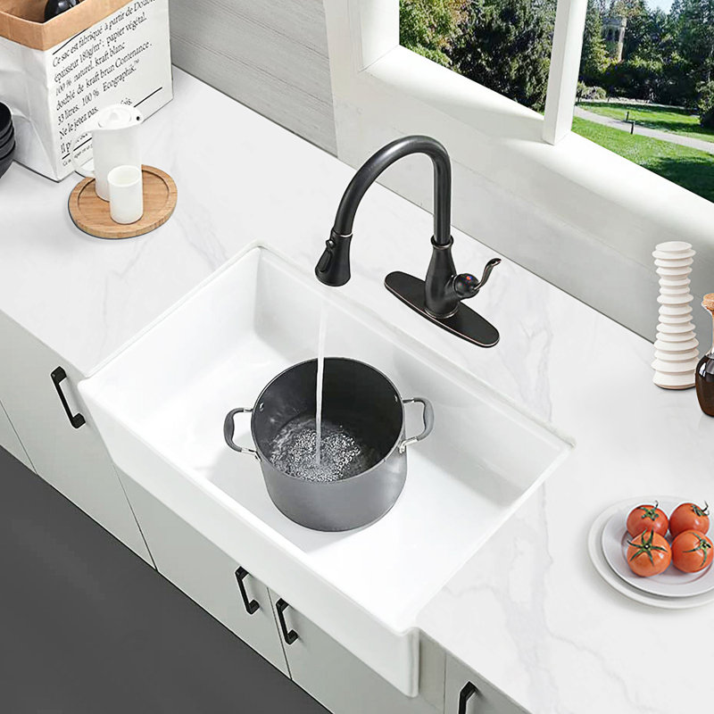 33-Inch Fireclay Farmhouse Workstation Sink With Integrated Ledges And Noise-Reducing Durable Finish