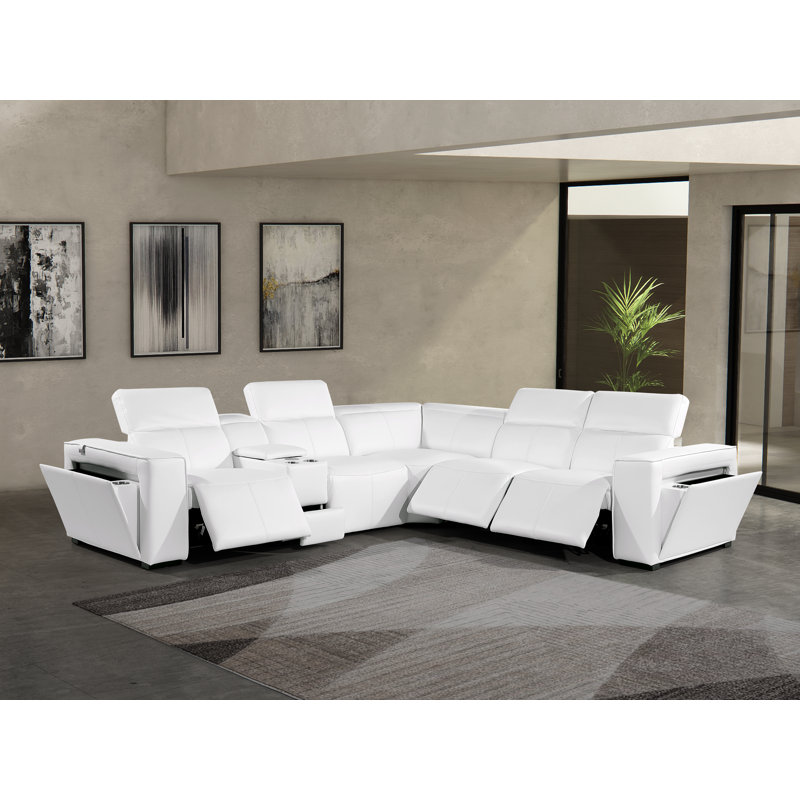 Top Grain Italian Leather 5-Piece L-Shaped Modular Power Reclining Sectional With Power Headrests, White Genuine Leather