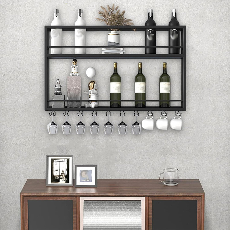 Support à vin industriel à fixation murale, étagère à bouteilles de vin en bois à 2 niveaux avec porte-verres à pied, support à verres à vin noir et support à vin multifonctionnel pour le bar de la maison, la salle à manger et la cuisine (39,3 x 7,8 x 26 po)