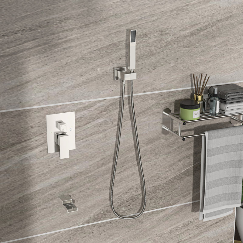 12 Inch Shower System With Waterfall Tub Spout In Brushed Nickel - 3 Function, Rainfall Shower, Handheld, Valve, Handheld & Rain