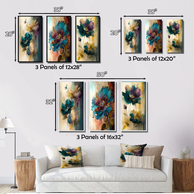 «Blossoming Wildflowers Delicate Retro Watercolor», 3 pièces sur toile, Cadre flottant blanc, H 40 po x l 60 po