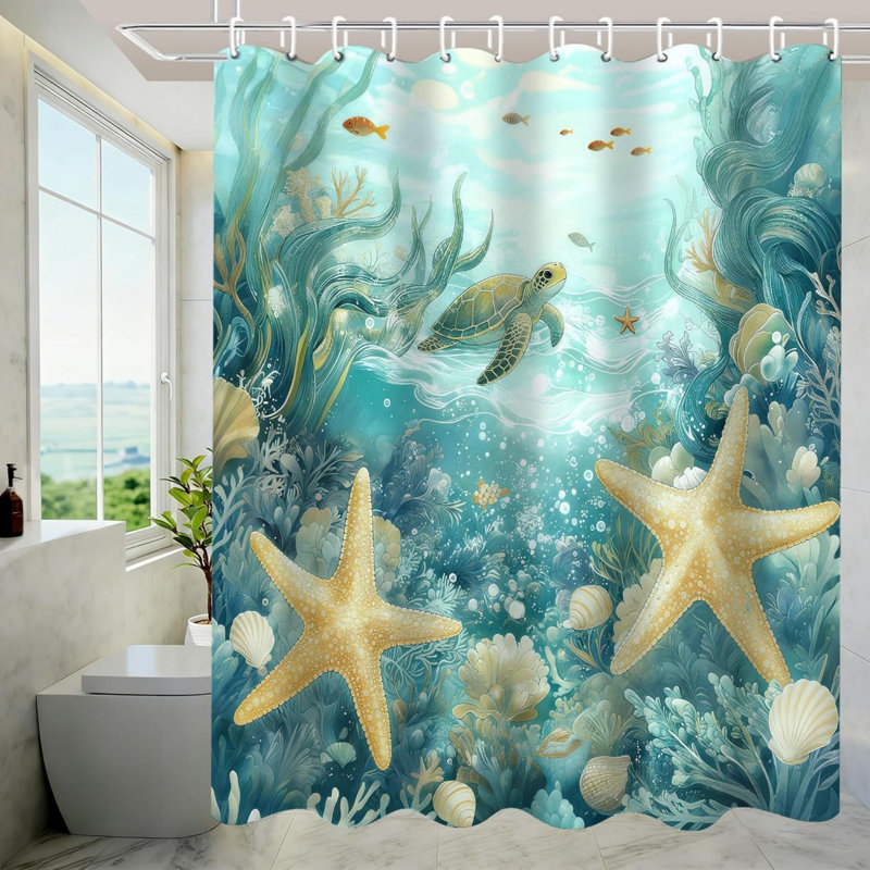 Ocean Sea Turtle Starfish Shower Curtain Sets 4-Piece Non-Slip Bathroom Accessory