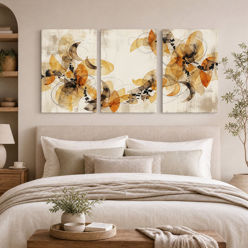 Ensemble de 3 toiles abstraites à l'aquarelle représentant des feuilles orange et beige, H 18 po x l 12 po x 3 pièces