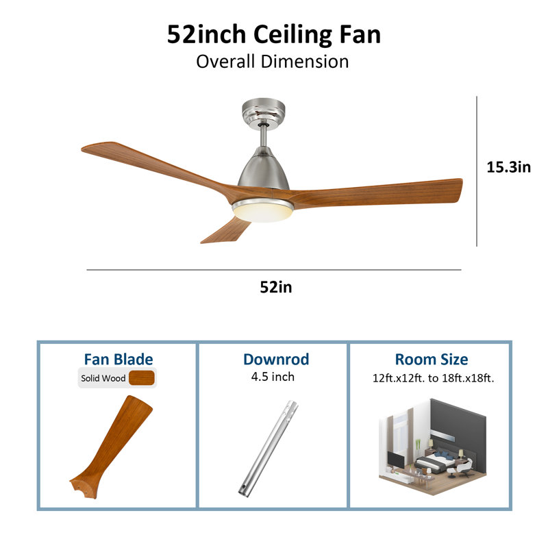 Ventilateur de plafond standard à DEL à 3 pales de 52 po avec télécommande et ensemble d'éclairage inclus Emmabelle