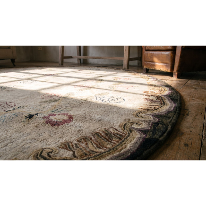 Antique Floral Medallion Wool Hand Knotted Pile Ivory Beige Cream White 1880s Rug