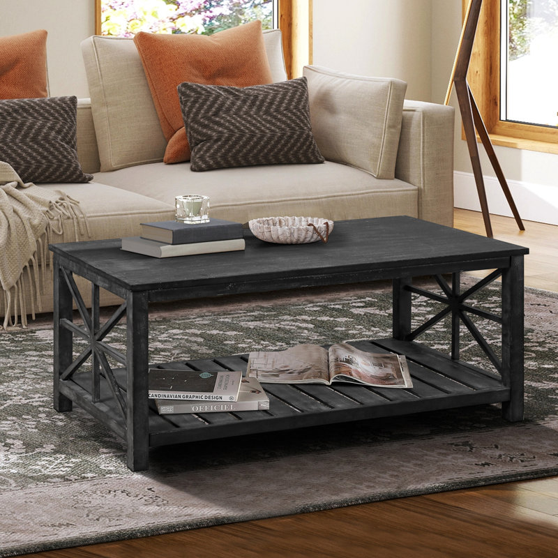 Table basse moderne de 47 pouces avec tablette de rangement, centre de table rectangulaire Farmhouse pour petits espaces, assemblage facile