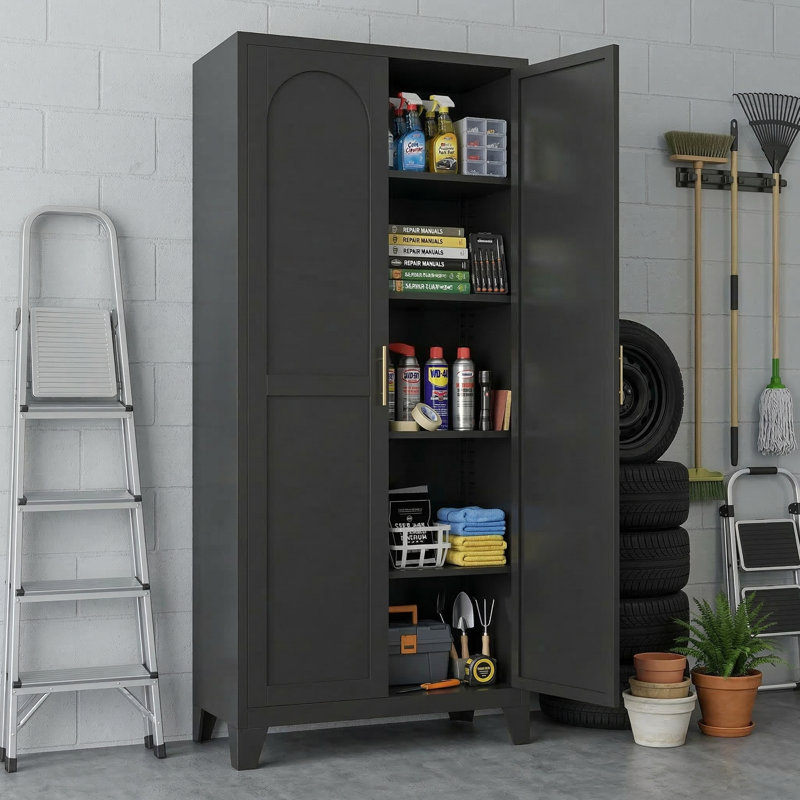 71" Metal Garage Storage Cabinet with 2 Shapely Doors, Adjustable Shelves Utility Organizer, Black, Matte Black