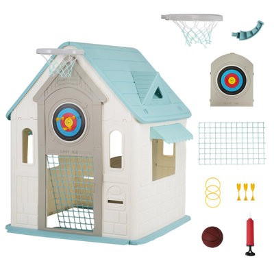Maisonnette 5 en 1 pour enfants avec panier de basketball, but de soccer, jeu de fléchettes et anneau, maisonnette intérieure et extérieure pour tout-petits et enfants