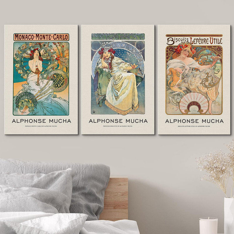 Œuvre d'art classique classique, femmes, 3 pièces, Alphonse Mucha Nouveau, H 36 po x l 24 po x P 1,5 po, Toile tendue