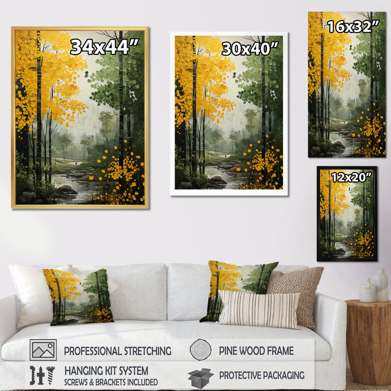 Canopée orange, arbres verts, patchwork II - art mural de salon, H 40 po x l 30 po x P 1,5 po, Cadre flottant noir
