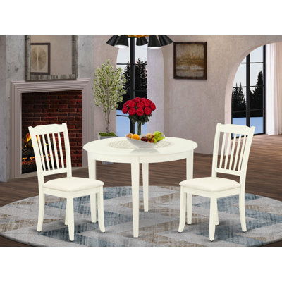 3 Piece Dining Room Table Set Includes a Round Kitchen Table and 2 Polyester Fabric Upholstered Parson Chairs, 42x42 Inch, Linen White