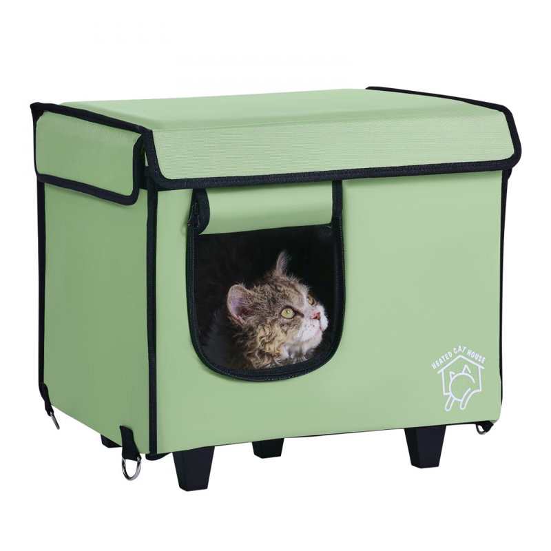 Abri pour chat surélevé et chauffé pour chat avec coussin chauffant vert (s), Petit (H 15,35 po x l 12,99 po x P 16,53 po)
