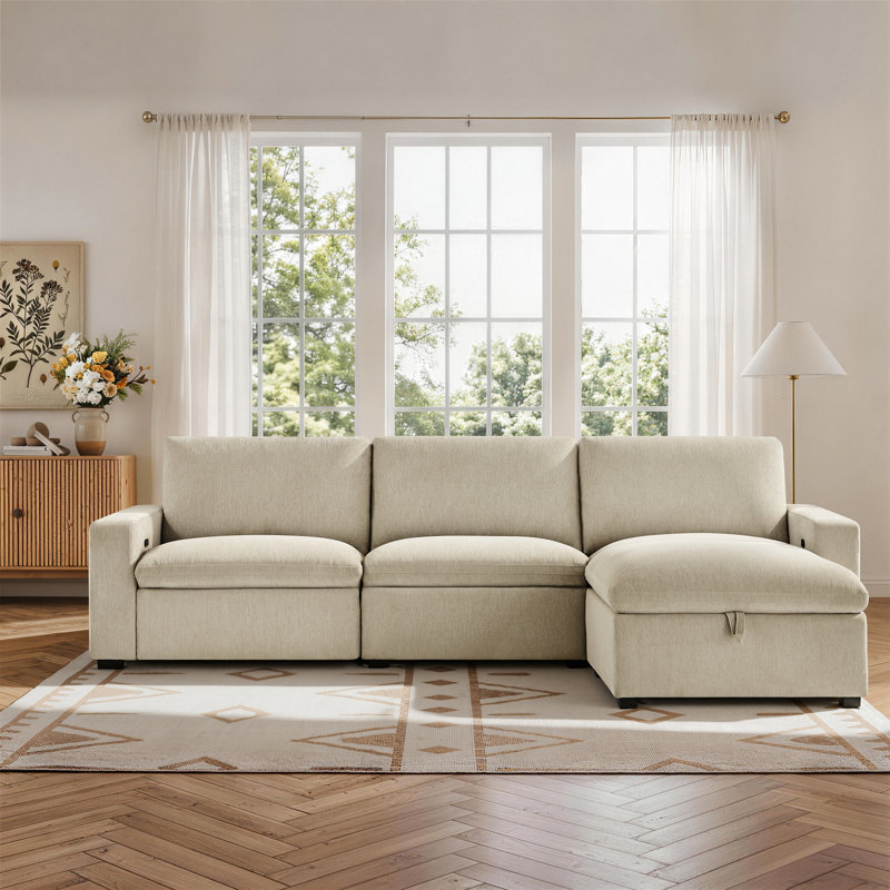 Canapé modulaire inclinable électrique en L avec technologie Zero-Wall et repose-pieds de rangement, Beige