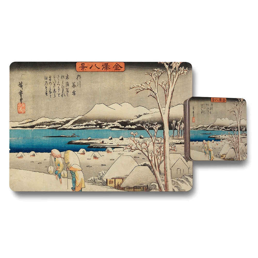 Japanese Ukiyoe Landscape Placemat And Coaster Set With Mount Fuji