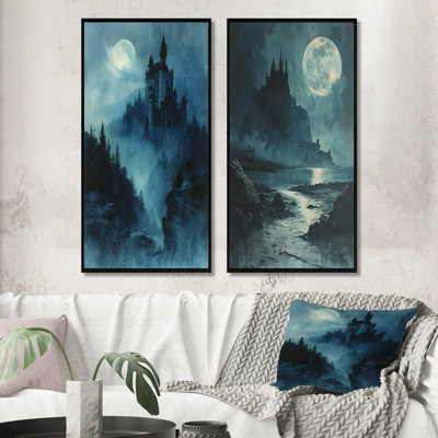 Black Blue Moonlit Vampire Castle I - Castles Wall Art 2 Pieces Set