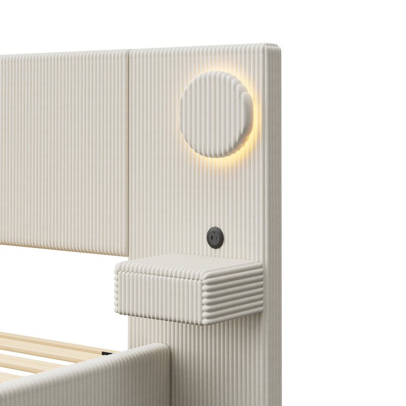 Lit plateforme tapissier en velours côtelé moderne avec lumières DEL circulaires, ports USB et tiroirs de rangement latéraux