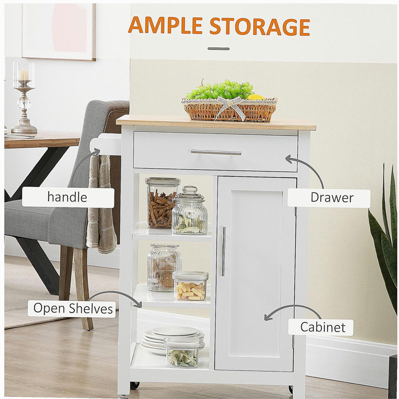 Support pour îlot de cuisine avec tablette de rangement, support pour îlot de cuisine à roulettes, plateau en bois massif, tiroirs, adapté à la salle à manger, blanc
