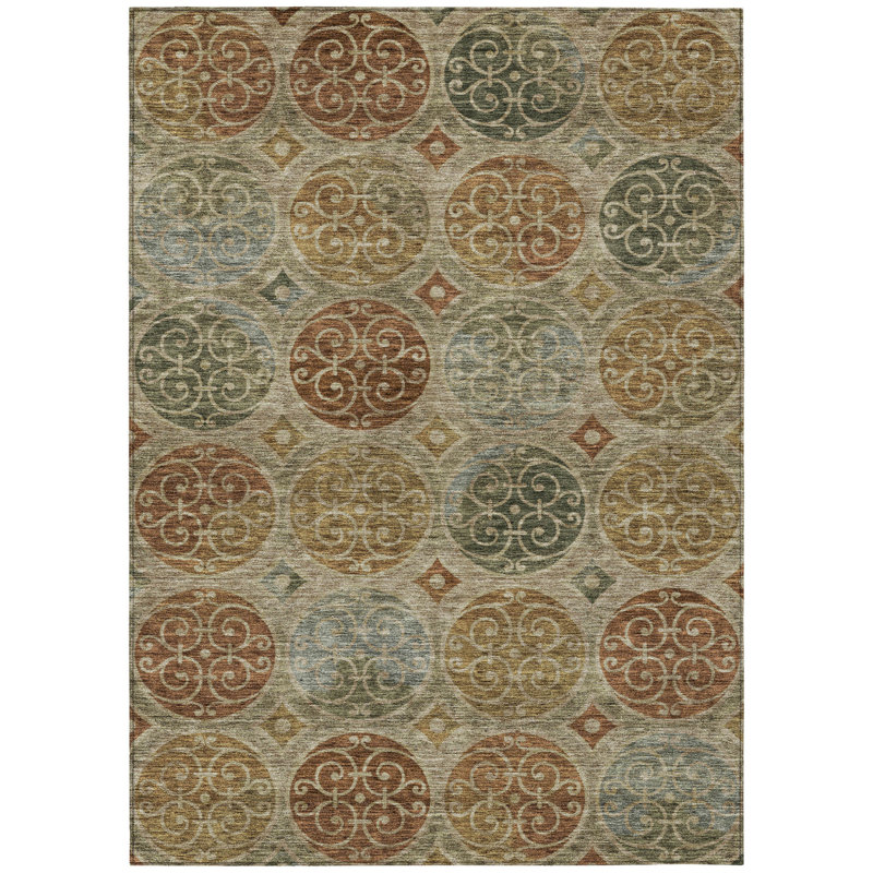 3' X 5' Taupe Green And Gold Trellis Washable Indoor Outdoor Area Rug