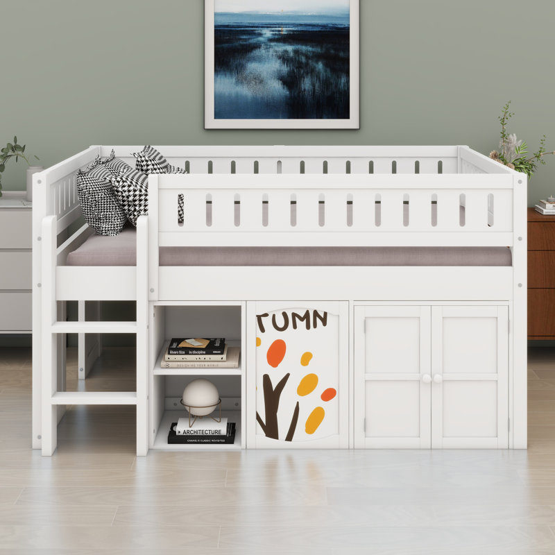 Loft Bed With Storage Cabinet And Chalkboard Panel, White
