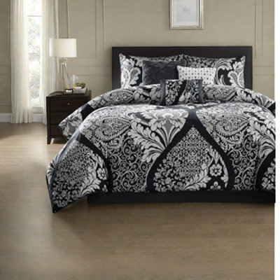 Elegant Cotton Bedding Sets, Black Damask Design, Queen Size