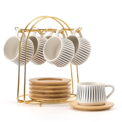 Ceramic Coffee Espresso Cups With Saucers Set With Metal Holder, 4 Oz Porcelain Demitasse Cups For Tea, Espresso, Latte, Coffee, Cafe Mocha, Set Of 6,