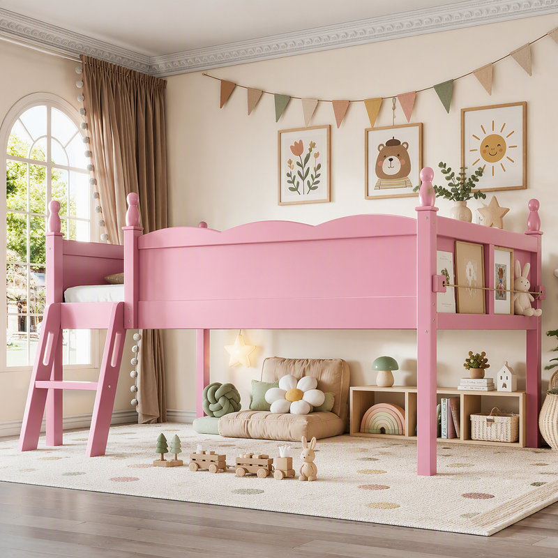 Lit mezzanine simple avec garde-corps pleine longueur, lit mezzanine bas en bois massif avec échelles et tablette à côté, forme chic et conception à profil bas, rose