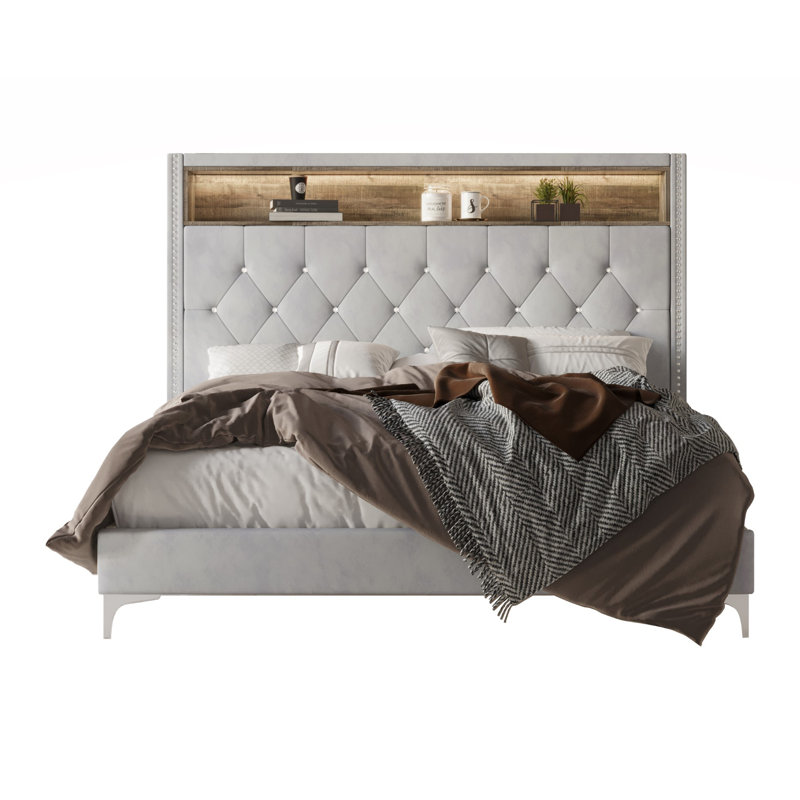 Lit capitonné standard avec rangement capitonné, Gris argenté, Double