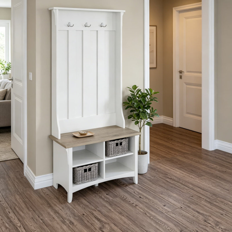 Arbre d'entrée avec banc de rangement pour chaussures Salinas, gris Shiplap et blanc pur, organisateur de vestibule avec sièges, crochets à manteau et tablettes réglables, style Mission