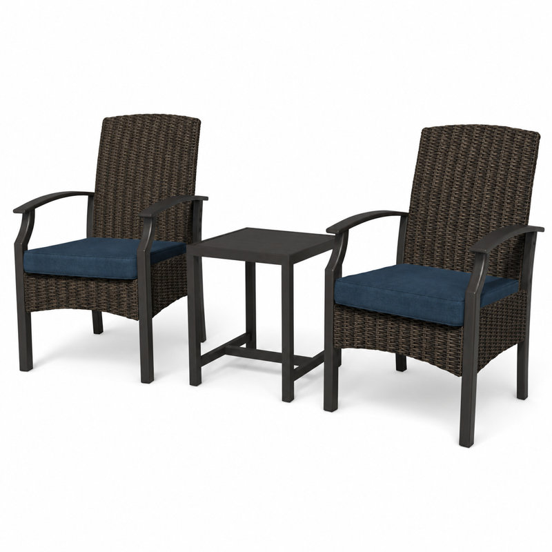 Ensemble bistro de patio en résine tressée 3 pièces, chaises d'extérieur à dossier haut avec coussins et table d'appoint carrée, structure en acier et rotin en PE résistant aux intempéries pour petits patios, balcons et vérandas.