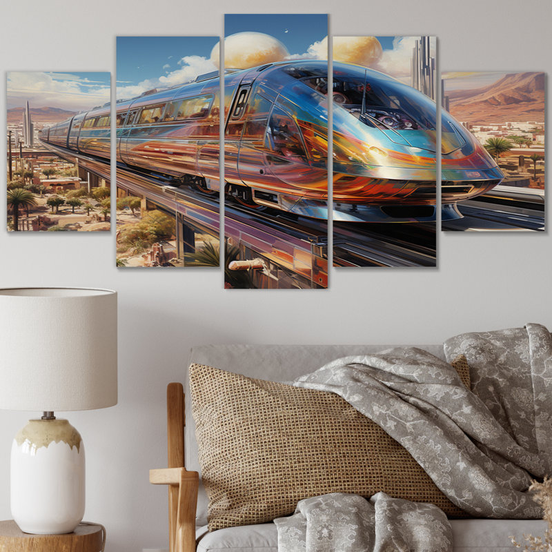Abstrait train 1950S Chromatique Journey II - Art mural sur toile transport - 5 panneaux