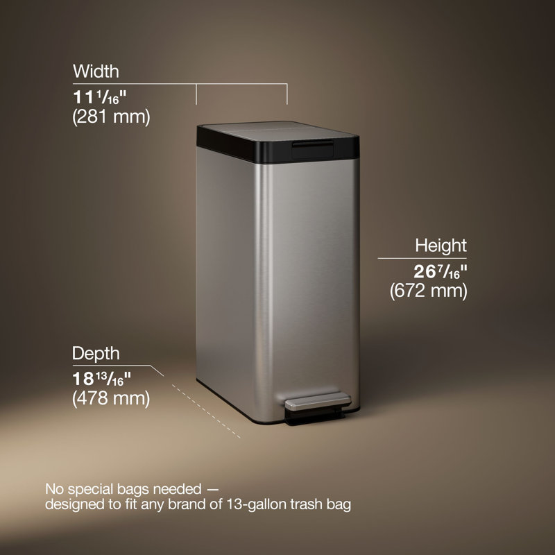 13-Gallon Stainless Steel Slim Step Trash Can With Bifold Lid, Stainless