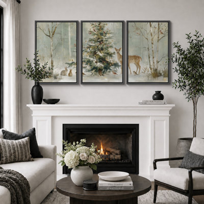 Art de forêt de Noël cerf et arbre, photos de salon, impression sur toile encadrée, 3 pièces, 16 po x 24 po x 3 pièces, 24 po x 36 po x 3 pièces