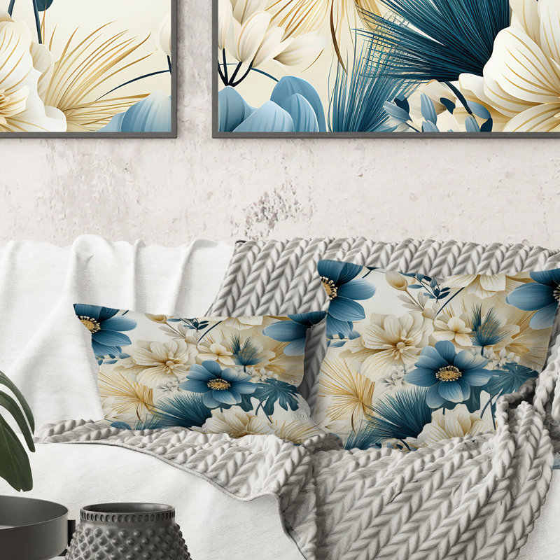 Coussin Beige et bleu Escape Flowers I - Floral Printed