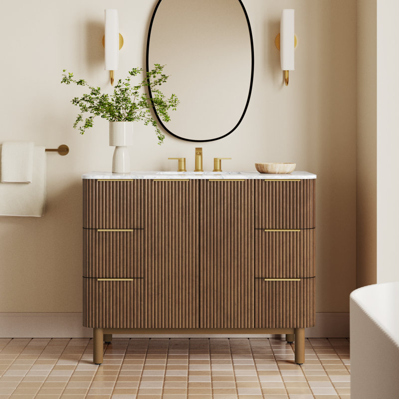 Nova 42" Marble Top Single Sink Vanity, Brown Reeded Birch