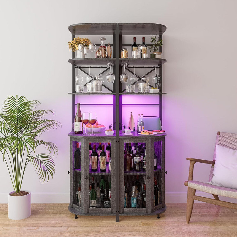 71.1" Height Corner Bar Cabinet with Wine Storage, 6 Tier Corner Shelf with LED Strip & Glass Holder, Gray