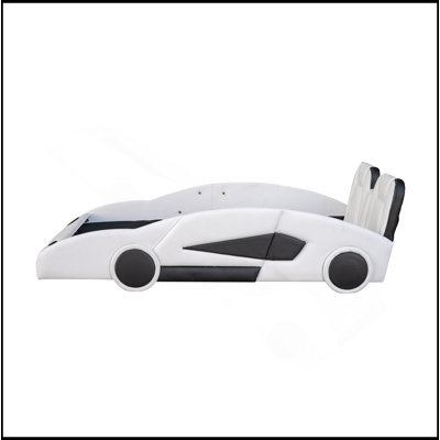 Lit plateforme simple en forme de voiture de course avec roues, blanc