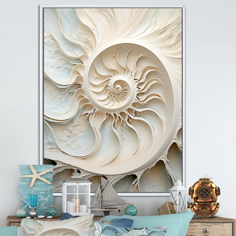 Ivoire Infinity Sea Sheel Spiral sur toile, Cadre flottant blanc, 40" H x 30" W